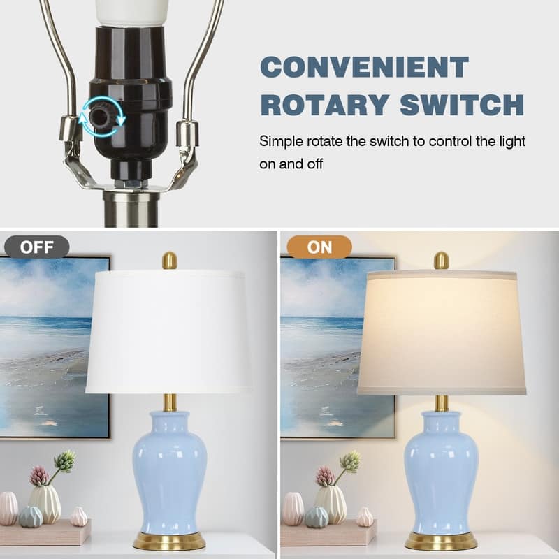 23'' Set of 2 Light Blue Ceramic Table Lamps with Gold Accents and White Drum Shades - 12.5''x12.5''x23''