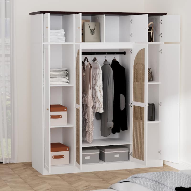 70.87" 8-Door Large Capacity Armoire Wardrobe Closet with Hanging Rod, Adjustable Shelves and Rattan Decorative Doors