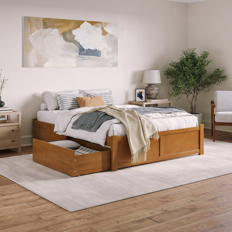 Concord Platform Bed with Footboard and Storage Drawers - Light Toffee - Queen