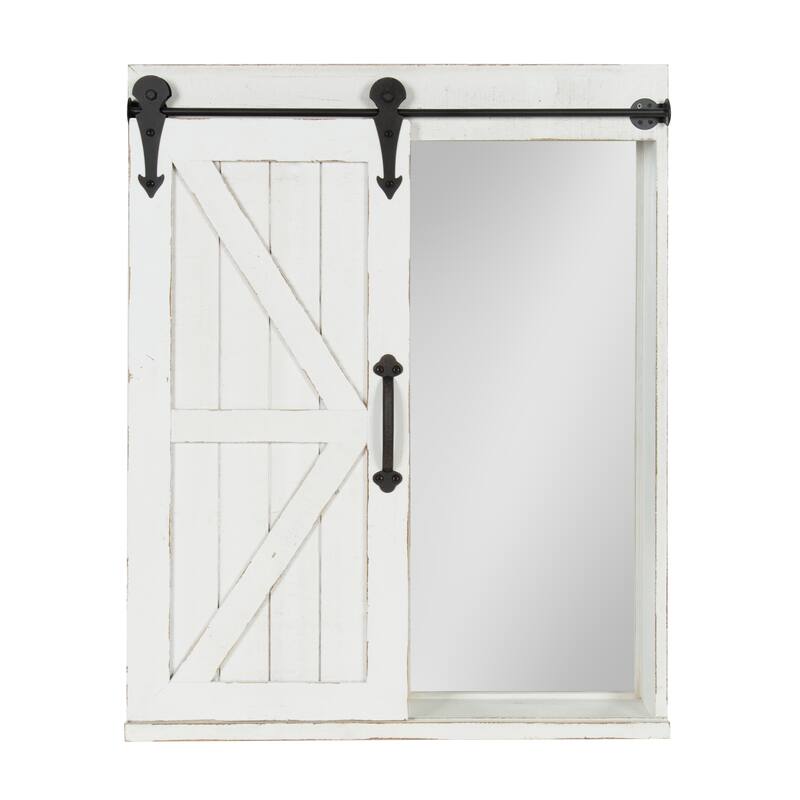 Cates Decorative Wood Wall Cabinet with Vanity Mirror and Barn Door - Rustic White