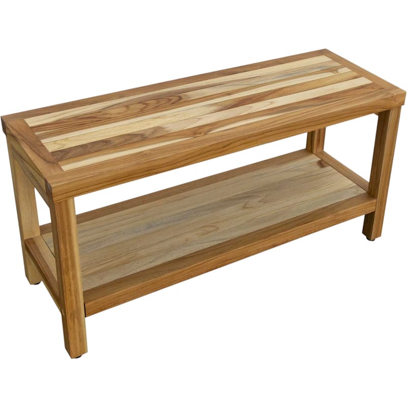 HomeRoots 36" Natural Solid Teak Rectangular Shower Bench With Shelf