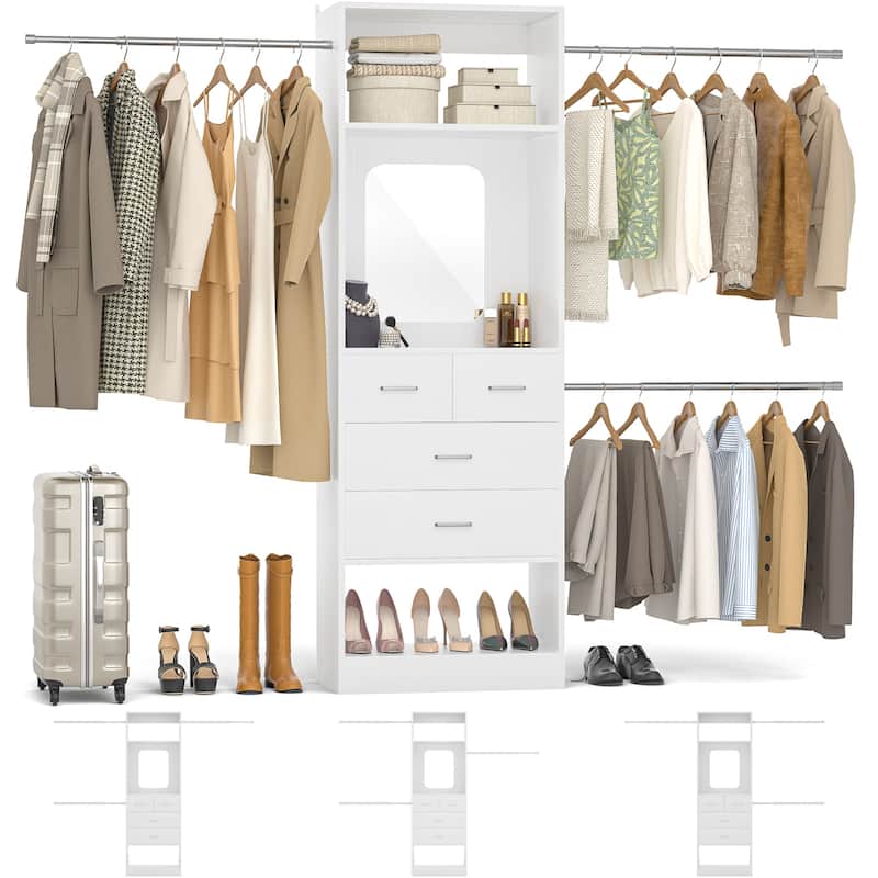 48"-96" W Wooden Closet System with 4 Wooden Drawers and Mirror, Walk-in Closet Organizer with 4 Adjustable Hanging Rods