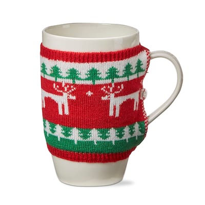 Deer Knit Sweater Stoneware Dishwasher Safe Coffee Hot Coco Tea White Mug, 16 oz.