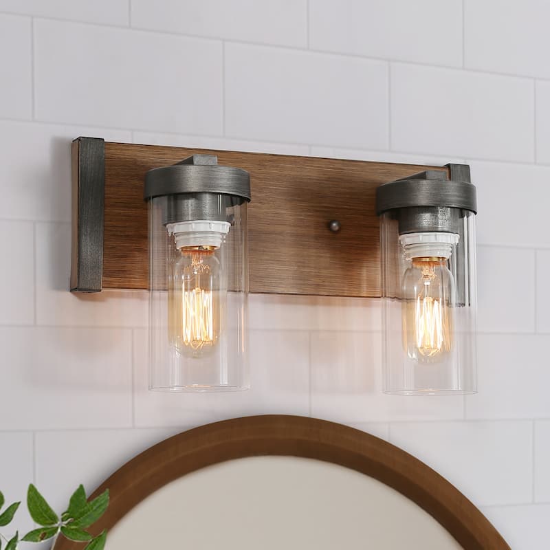 Farmhouse Rustic 2-light Pinewood Glass Bathroom Vanity Light Sconce - L 14"x W 5"x H 8.5"