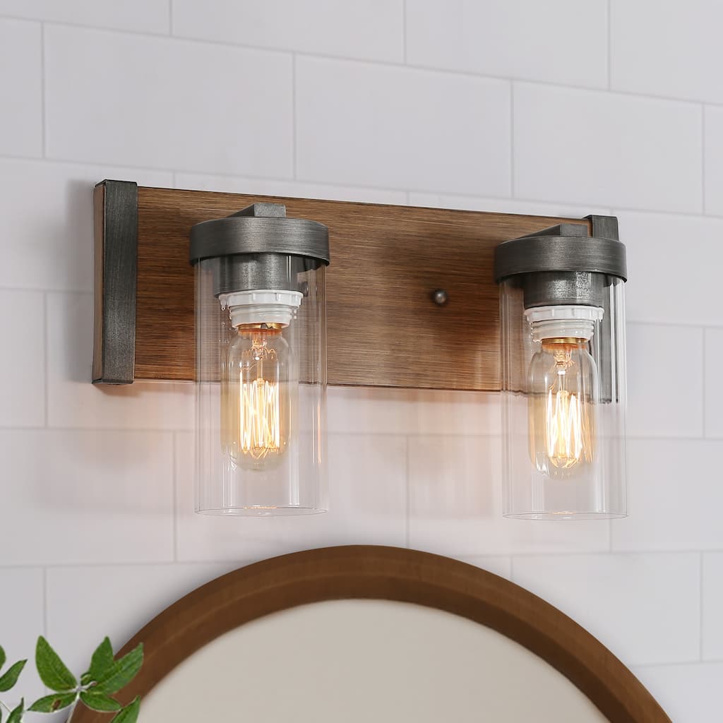 Farmhouse 2-Light Wood Grain Bathroom Vanity Light Rustic Glass Wall Sconce - L 14"x W 5"x H 8.5"