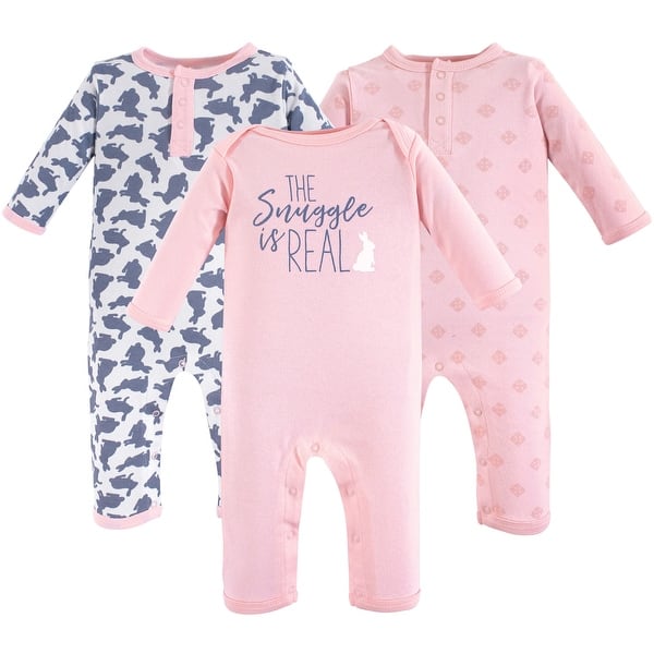 slide 1 of 1, Yoga Sprout Baby Girl Cotton Coveralls 3pk, Snuggle Bunny 0 - 3 Months - Pink