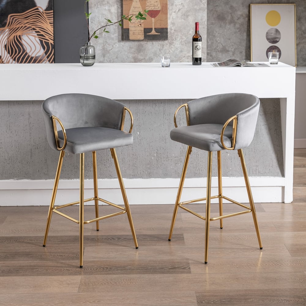 Counter Height Bar Stools Set of 2, Velvet Bar Stools with Armrests, Kitchen Island Chairs with Footrest and Metal Legs