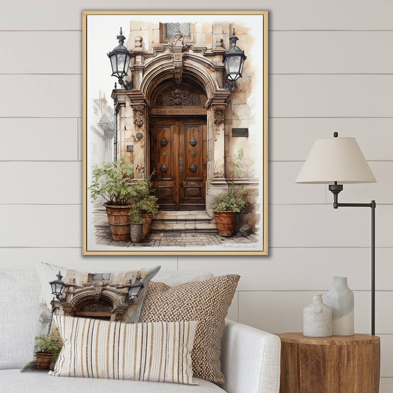 Designart "France Lyon Old Town Door II" France Framed Wall Art Prints - Natural - 34 in. wide x 44 in. high