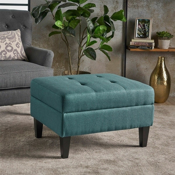 Contemporary Tufted Fabric Storage Ottoman, Teal Bed Bath