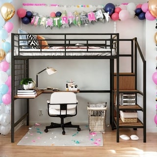 Modern Full Size Loft Bed With Desk and Metal Grid,Lateral Storage Ladder and Wardrobe for Bedroom