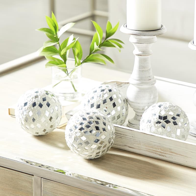 Glass Handmade Mosaic Decorative Orbs & Vase Filler - Set of 4 White or Gold - Roche River Decor