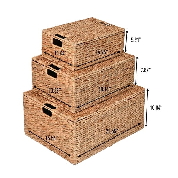 dimension image slide 1 of 2, Woven Rectangular Storage Baskets with Lids & Handles (Set of 3)