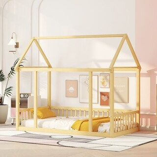 Natural Twin Size Pine Wood Floor Bed with House Roof Frame and Safety Guardrails