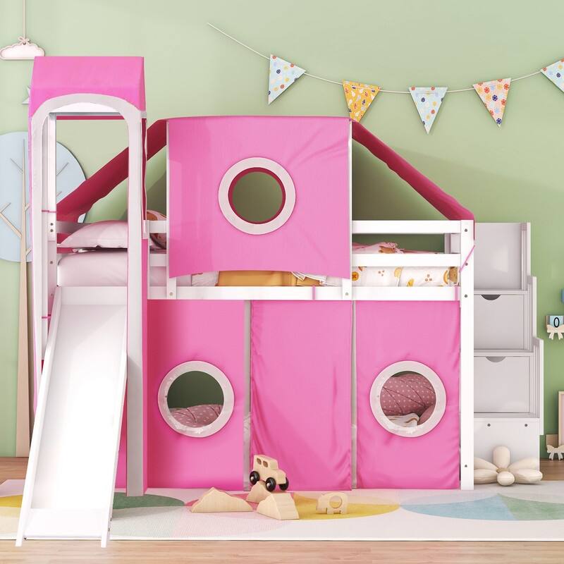 Full Size Loft Bed with Slide, Tent and Tower