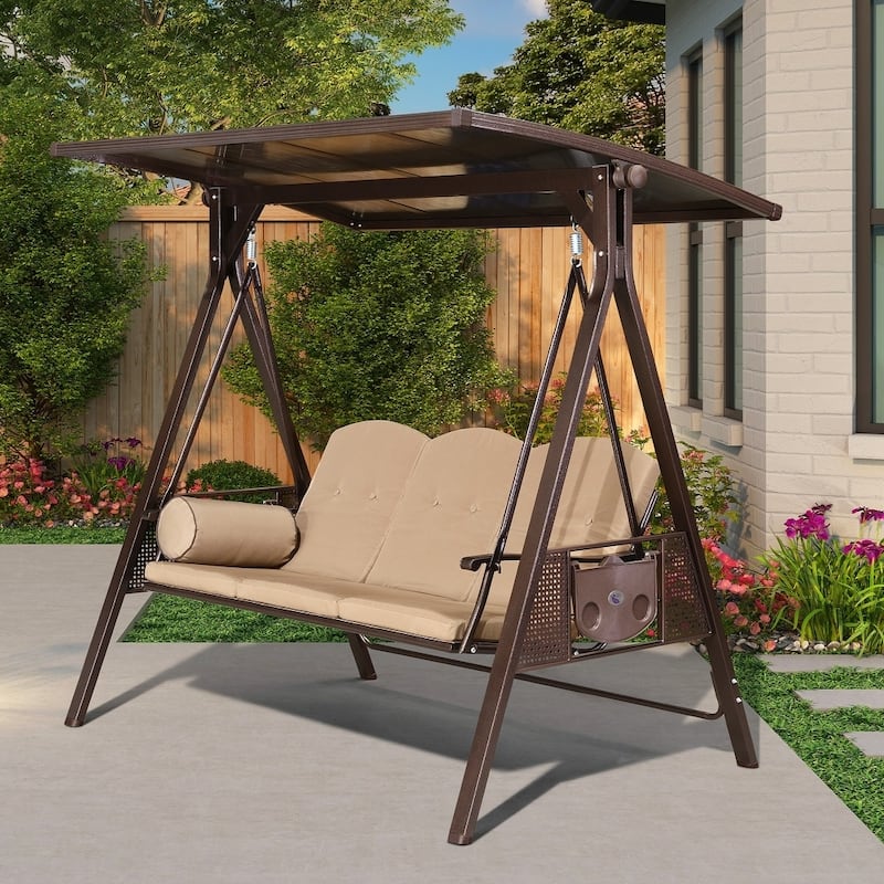 PURPLE LEAF 3-seat Outdoor Porch Swing with Adjustable PVC Canopy - 70.86"(H) X 76.77"(W) X 47.24"(D) - Brown