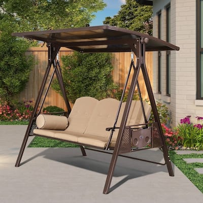 PURPLE LEAF 3-seat Outdoor Porch Swing with Adjustable PVC Canopy - 70.86"(H) X 76.77"(W) X 47.24"(D)