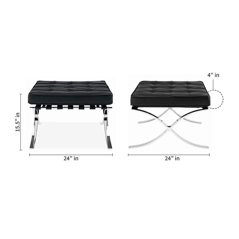 24-Inch Leather Footstool Ottoman with Silver Tufted Design and X Base