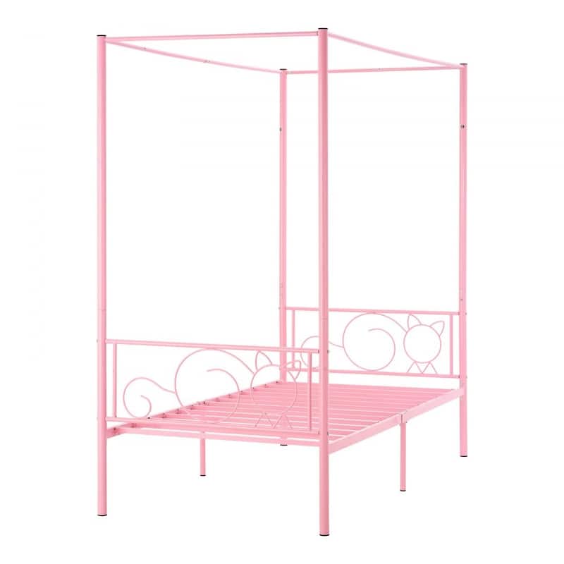 Pink Twin Canopy Bed Frame Metal Sturdy Four-Post Design with Under-Bed Storage Space