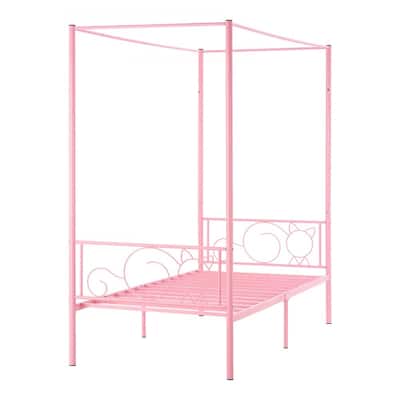 Pink Twin Canopy Bed Frame Metal Sturdy Four-Post Design with Under-Bed Storage Space