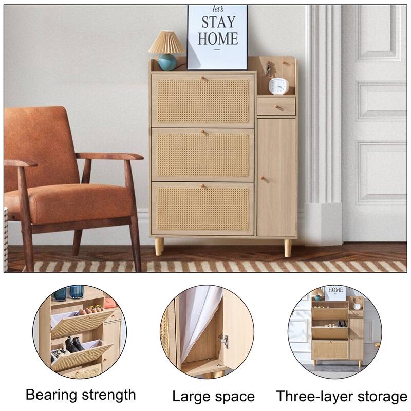 Roomfitters Rattan Shoe Cabinet with Storage, Minimalist Wood Organizer for Entryway and Living Room
