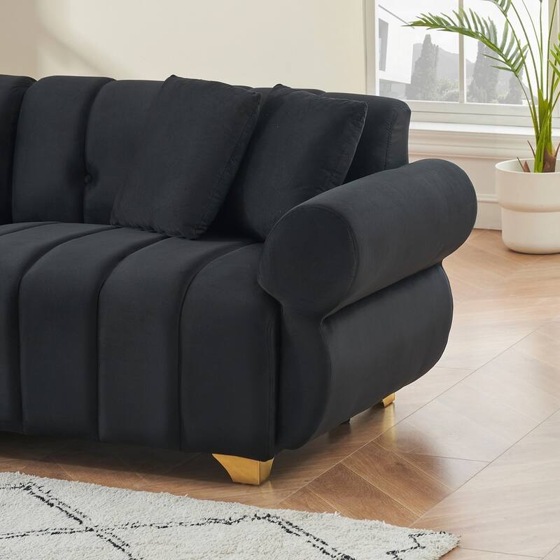 spring-wrapped Sofa cushions with stylish metal feet and 4 throw pillows