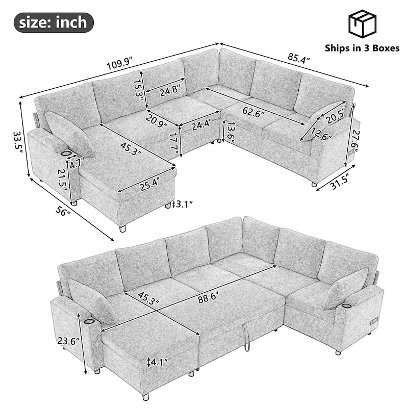 U-Shaped Chenille Sectional Sofa with Storage Chaise Lounge, Convertible Sleeper Sofa Bed with Cup Holders & Charging Ports - Grey