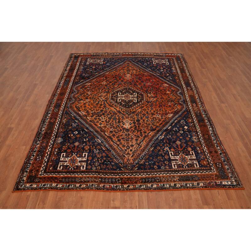 Hand Knotted Oriental 100% Wool Carpet Traditional Medallion Oranges & Rust Shiraz Area Rug - 9' 9'' X 7' 3''