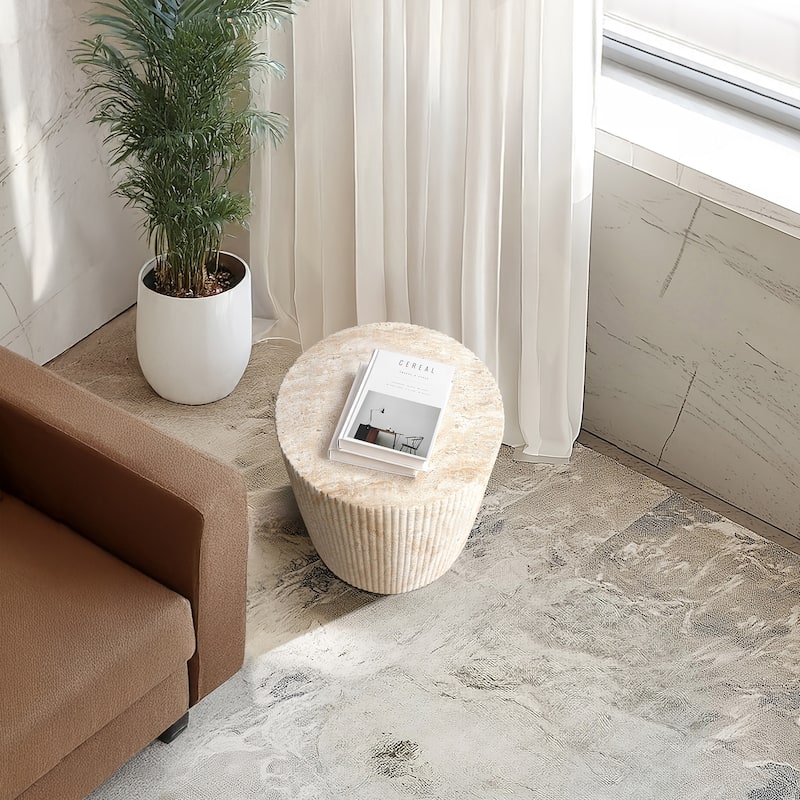 Column Travertine Stone Finish Italian Design MgO Side Accent Table - 13.3"x13.3"x18.7"