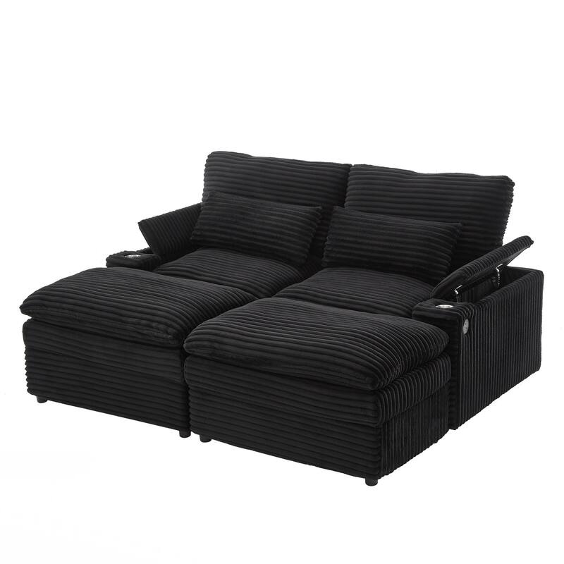 Loveseat Sofa Free-combined Sectional Convertible Sofa Bed with Storage Space, Two Movable Ottomans, Four USB Ports