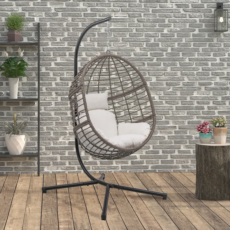 Maypex Outdoor Wicker Basket Swing Chair with Stand - White