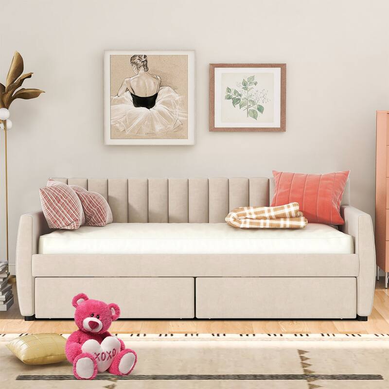 Modern Minimalist Twin Size Velvet Upholstered Daybed with Two Underbed Drawers - Beige