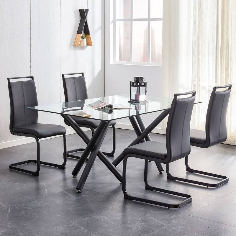 Modern PU Faux Leather High Back Dining Chairs with C-shaped Tube Chrome Metal Legs