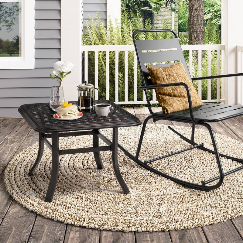 Cast Aluminum Patio Side Table Outdoor Square Table with Umbrella Hole - 24.02" L x 24.02" W x 17.52" H