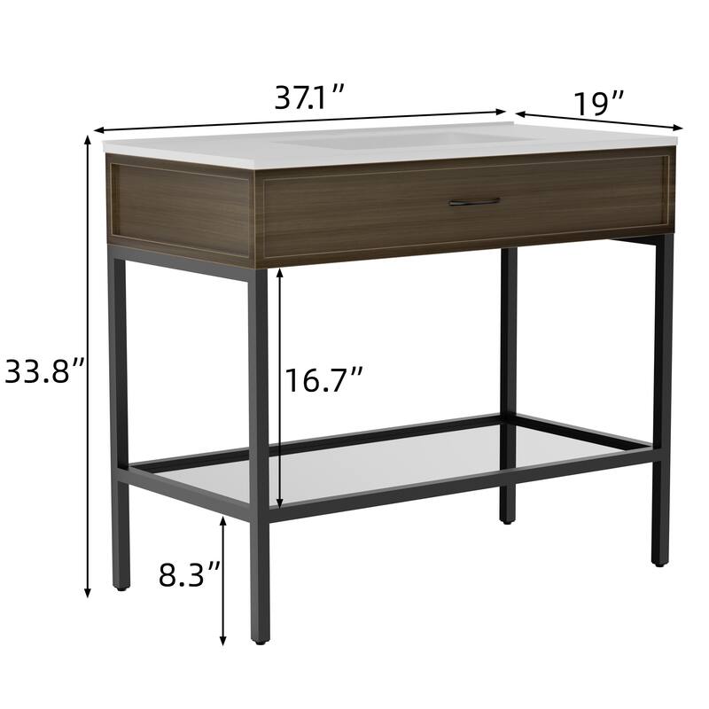 Ansel Freestanding Bathroom Vanity with Single Sink, One Glass Shelf, Metal Legs