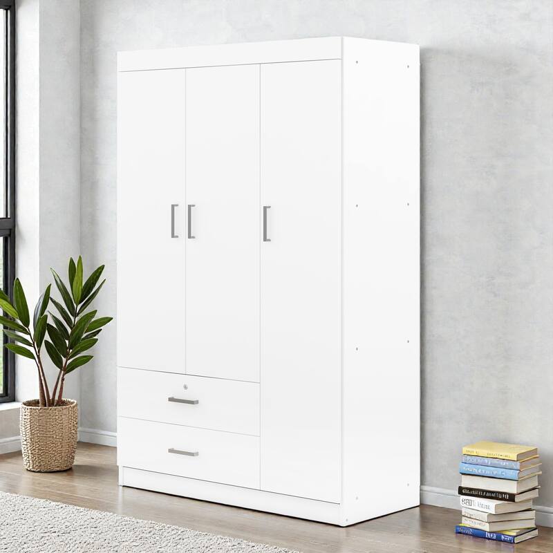 3 Door Wardrobe Closet with 2 Drawers, Modern White Freestanding Armoire Storage Cabinet for Bedroom