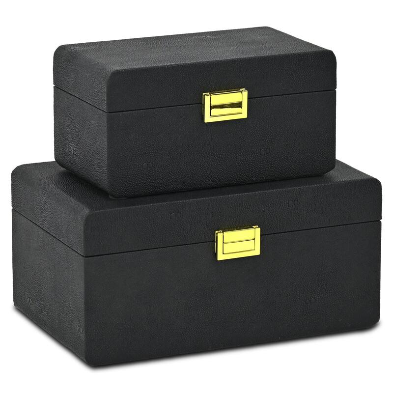 Alethea Set of 2 Rectangular Decorative Storage Boxes - Black Faux Shagreen - N/A