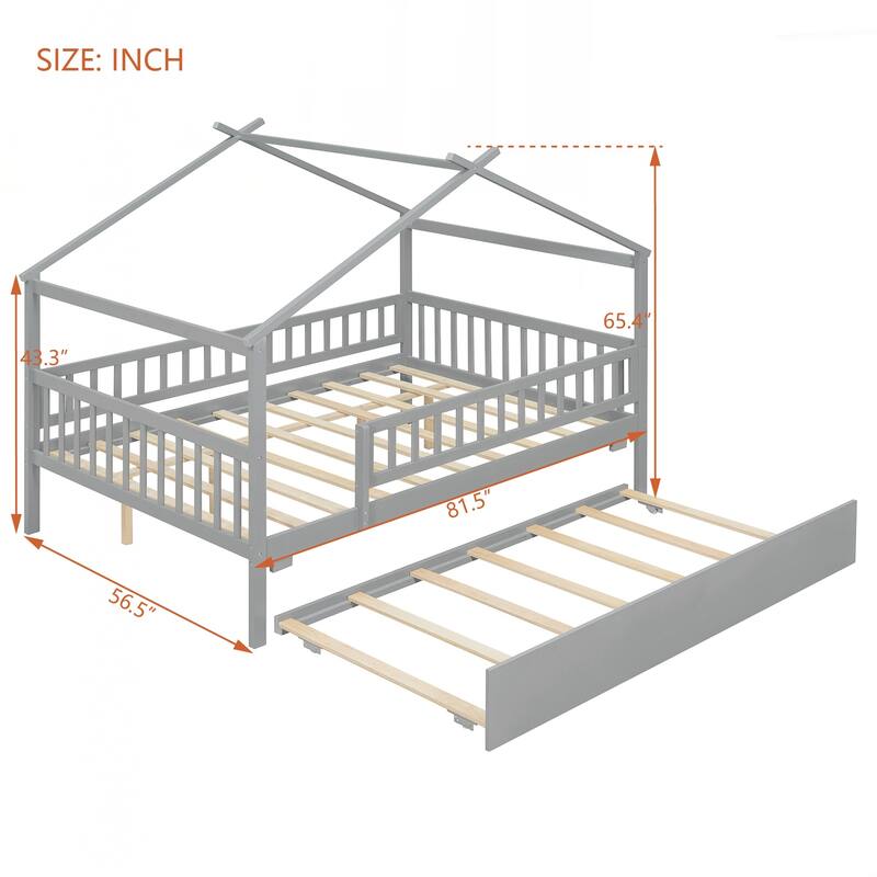 Full Size Wooden House Bed with Twin Size Trundle