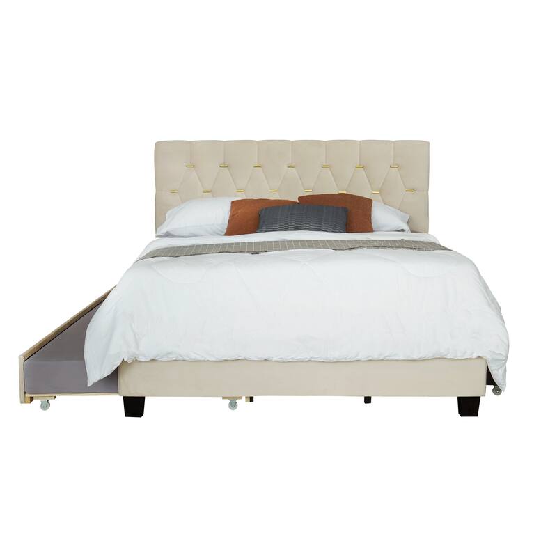 Beige Velvet Queen Bed with Twin Trundle and 2 Storage Drawers