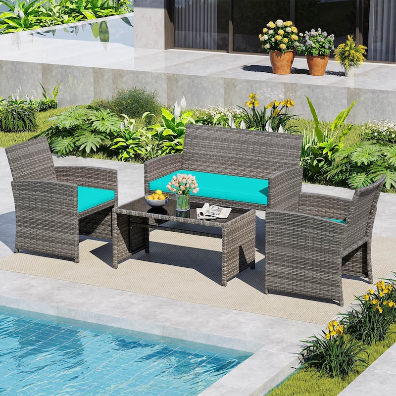 Costway 4 PCS Patio Conversation Set with Seat Cushions & Tempered - See Details - Turquoise+Gray