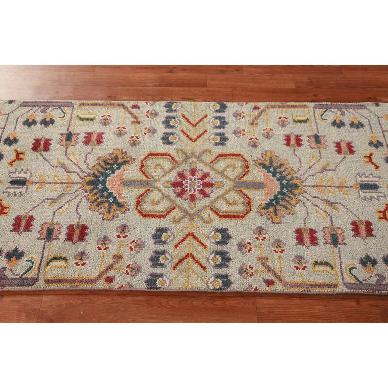 Hand Knotted Oriental 100% Wool Carpet Transitional All-Over Green Oushak Runner Rug - 7' 10'' X 2' 6''