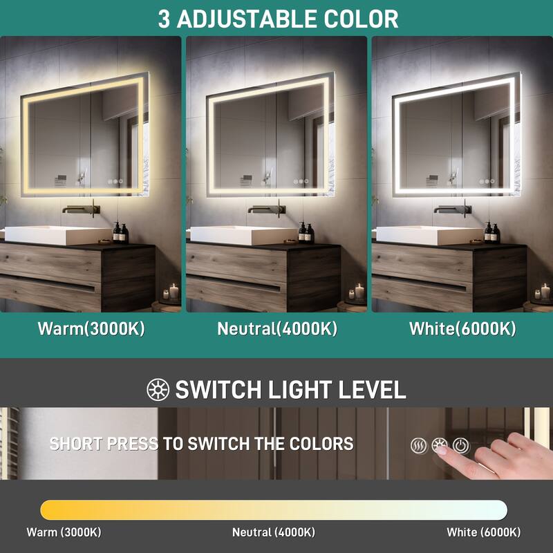 Durx-litecrete Rectangular Frameless Wall Mount 3 Colors Dimmable Anti-fog LED Bathroom Vanity Mirror