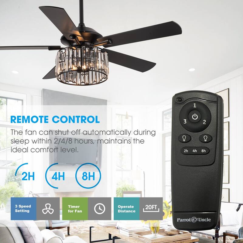 52-in Matte Black Industrial Crystal Caged Downrod Mount Ceiling Fan with Remote and Light Kit