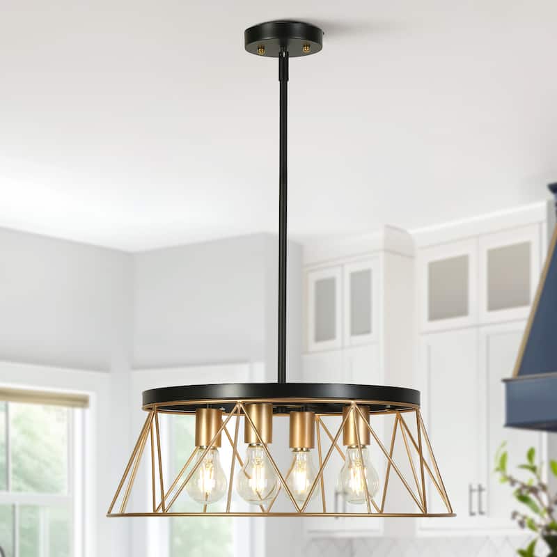 4-Light Modern Industrial Geometric Chandelier Black Gold Kitchen Island Light for Dining Room