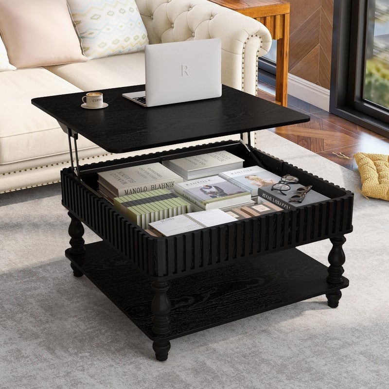 Fluted 31.5" Square Lift-Top Coffee Table with Hydraulic Mechanism for Hidden and Open Storage Solutions