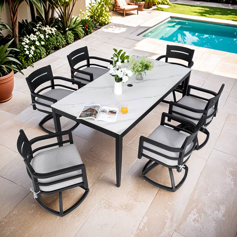 Modern 7-Piece Patio Dining Set - 35.5"x71" Greek Marble Sintered Table with 6 Swivel Rockers, Ember Black