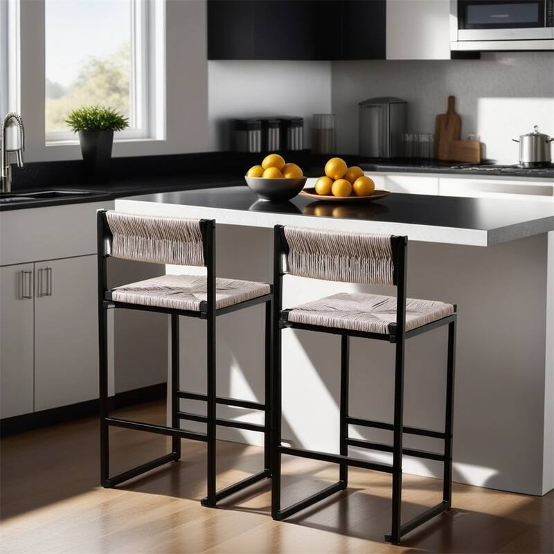 Modern Bar Stools with Metal Frame and Woven Seat(Set of 2) - N/A - Gray