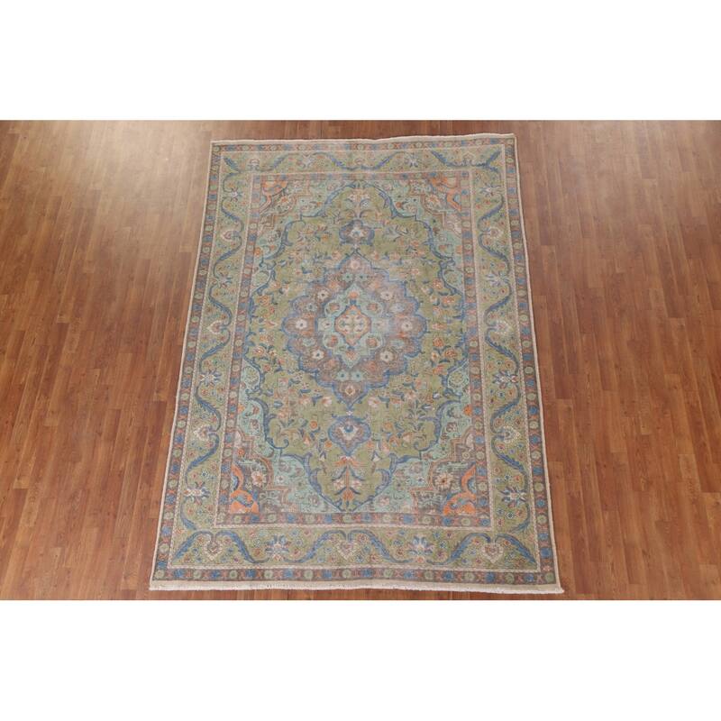 Hand Knotted Oriental 100% Wool Carpet Traditional Medallion Green Tabriz Area Rug - 9' 5'' X 6' 7''