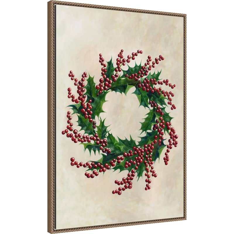 Holly wreath by Rosana Laiz Blursbyai (23 x 33 in.), Framed Canvas Wall Art Print - Sylvie Beaded Dark Gold