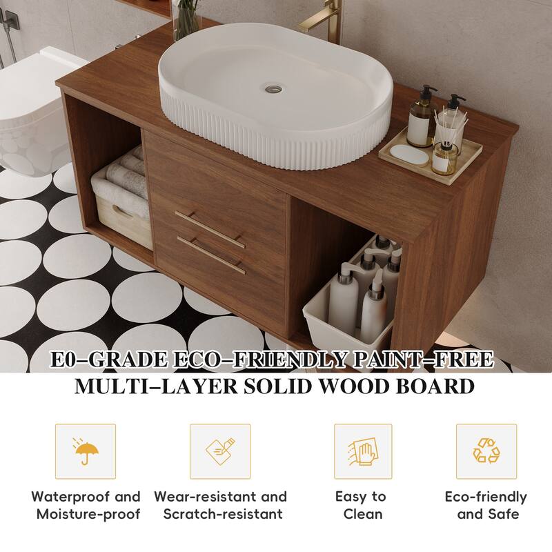 39.4" Modern Wall-Mounted Bathroom Vanity with Oval Ceramic Sink, Soft-Close Drawers & Open Shelf