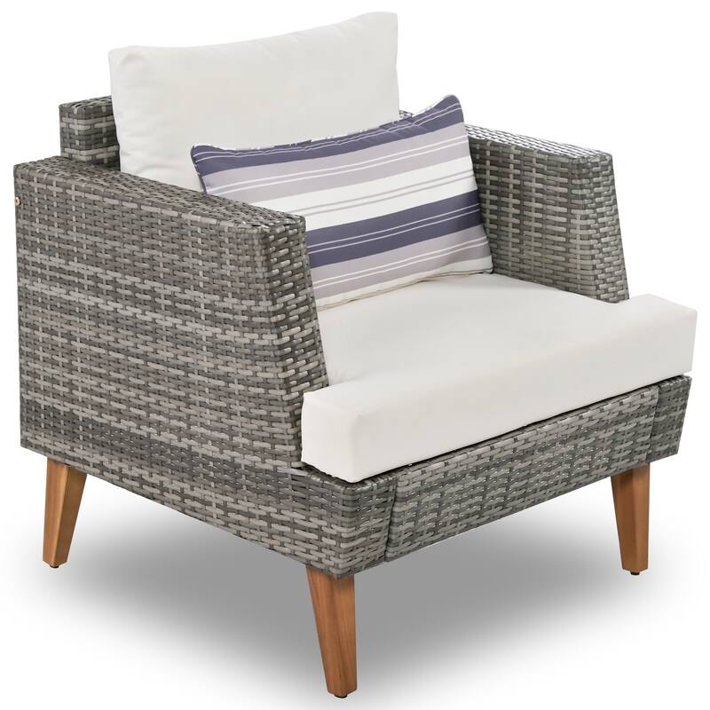 Roomfitters 6-Piece Outdoor Patio Furniture Set with Wicker Sofa, Armchairs, Ottomans and Coffee Table, Wood Legs, Gray+Beige